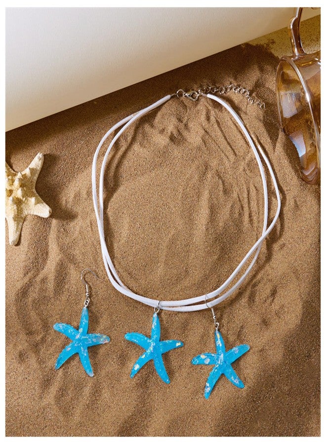 WFik Summer White Rope Chain Starfish Pendant Necklace Earrings Sets Bikini Multi-layered Clavicle Chain Necklace Crystal Big Starfish Earrings for Women (Blue) - Image 4
